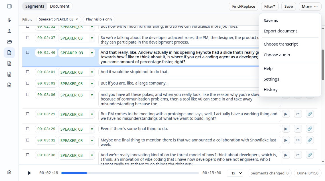 Transcript editor view