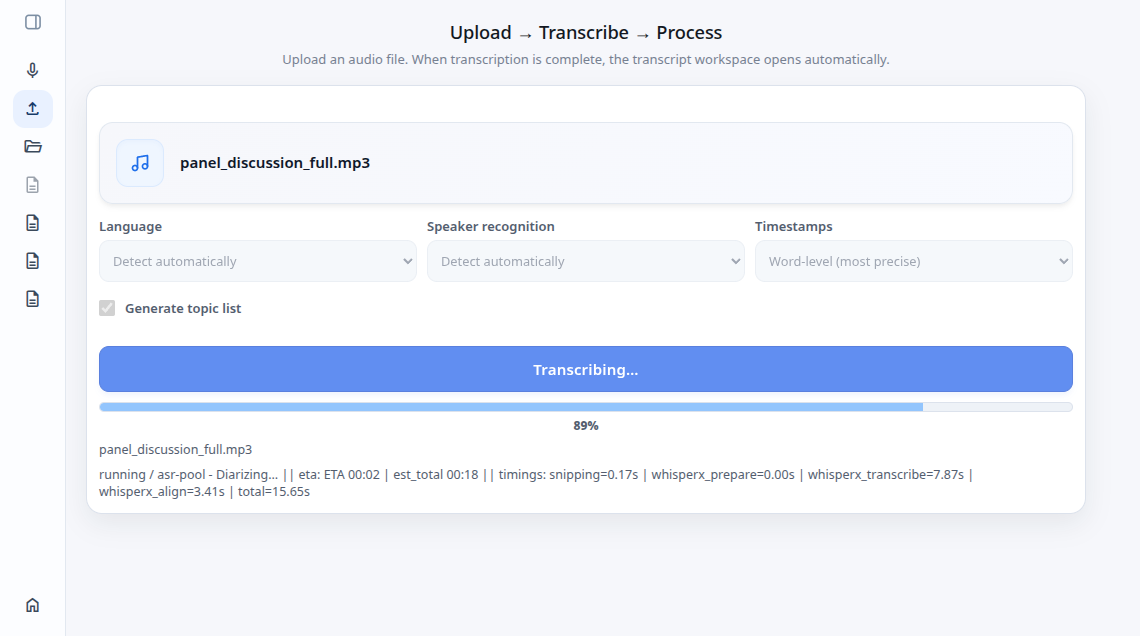 Upload transcription view